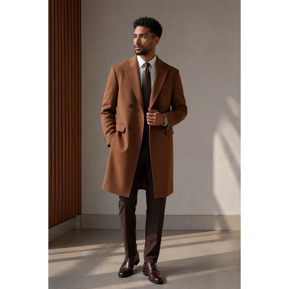 H&M Men's Brown Double Breasted Wool Blend Overcoat 38R Notch Lapel Coat